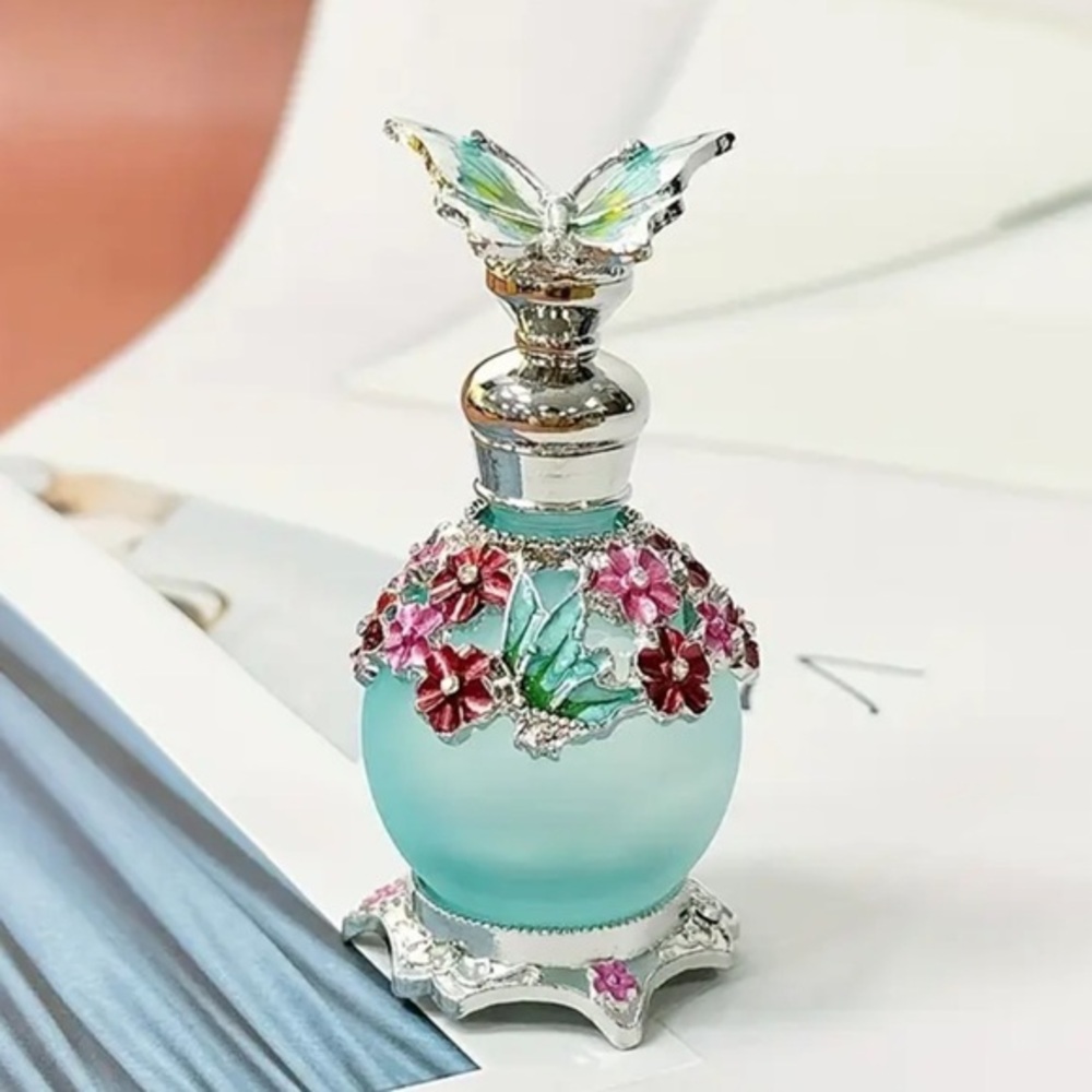 Silver Blue Perfume Bottle Butterfly Accent Decorative Vanity Collectible NWT